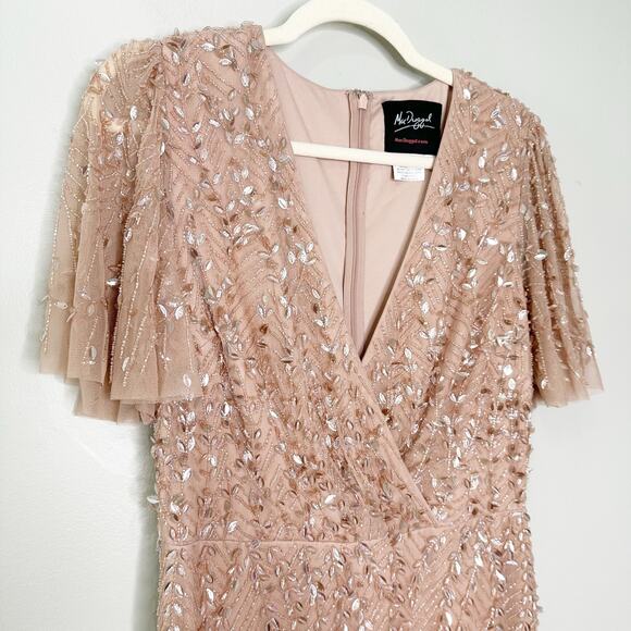 Mac Duggal 35109 Surplice Bodice Embellished Gown Flutter Sleeve Nude Size 8 - Picture 6 of 11